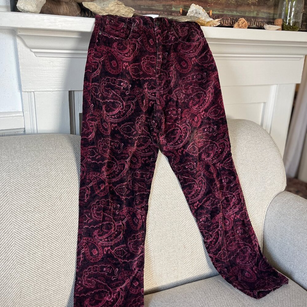 Vintage "Bill Blass Jeans" Soft Velvet Maroon Paisley Pants